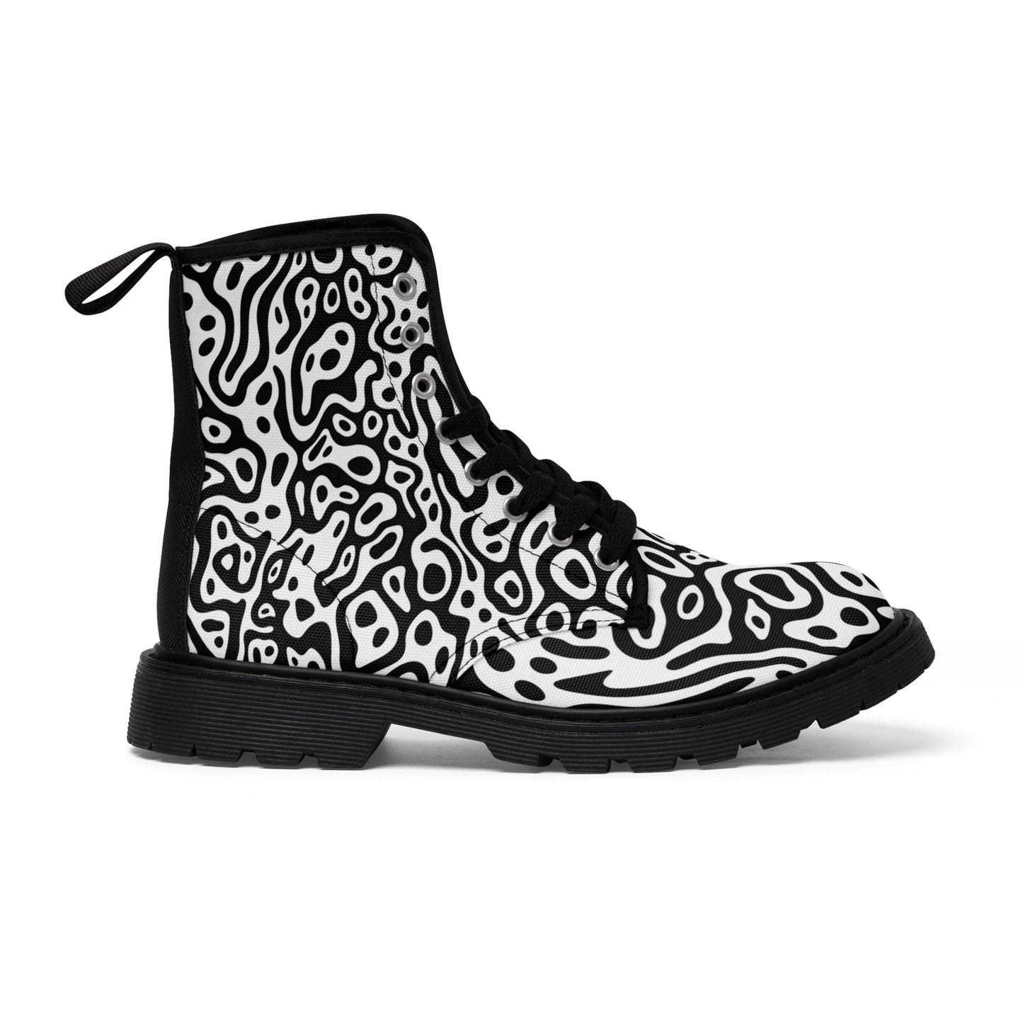 Shoes - Women's Black and White Stylized Abstract Design Canvas Boots - Rubber Souls - Vegan Shoes from Crypto Zoo Tees