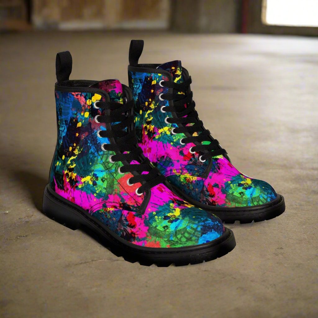 Shoes - WOMEN'S "CURE" PAINT Splatter Boot: Canvas Boots with Rubber Soul - Psychedelic Punk Metal Goth from Crypto Zoo Tees