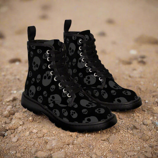 Shoes - WOMEN'S "DEATH ROCKERS" Skull Boot: Canvas Boots with Rubber Soul - Punk Metal Goth from Crypto Zoo Tees