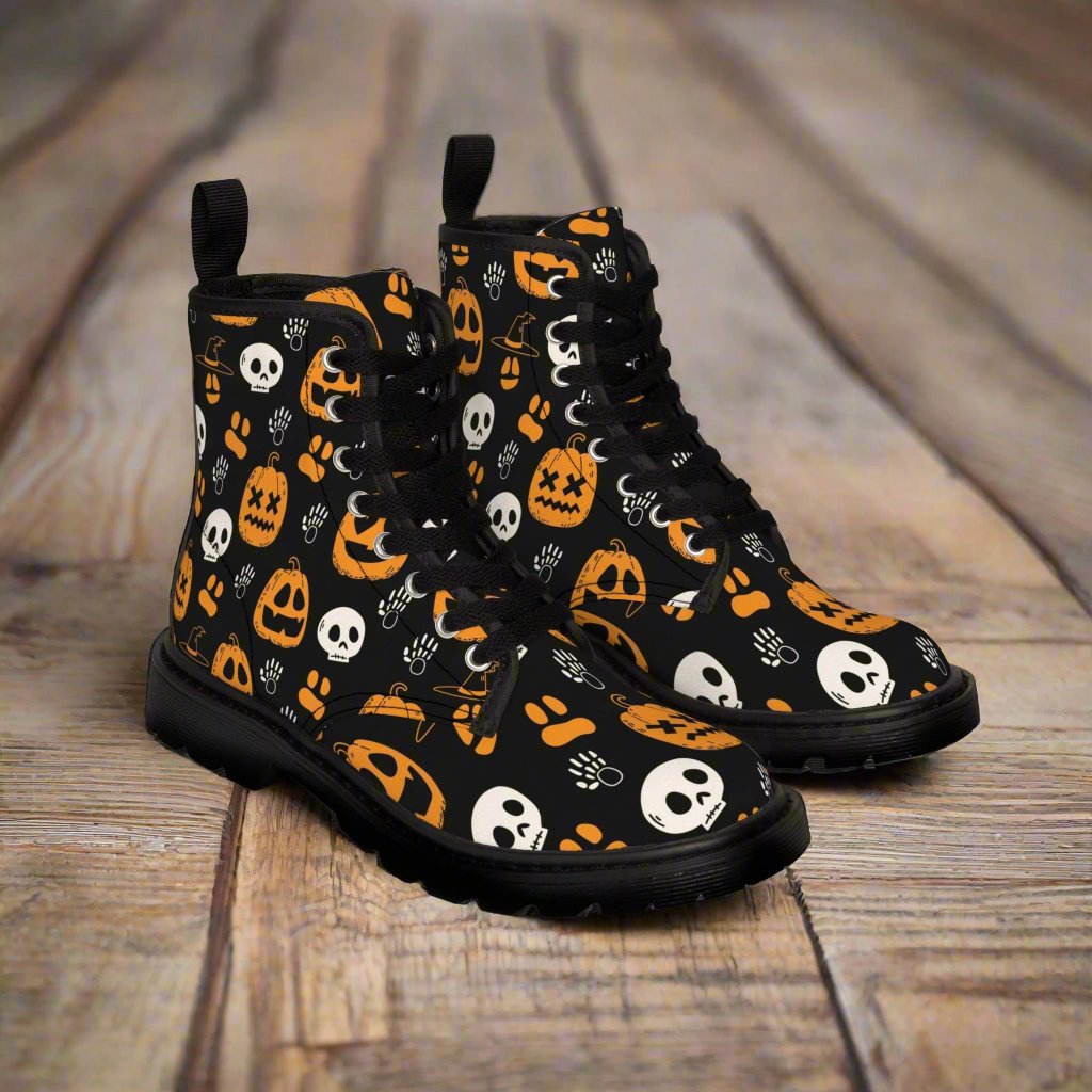 Shoes - Women's Halloween Print Canvas Boots - Jack-o-lantern, Skulls, Skeletons - Gothic Punk Style from Crypto Zoo Tees