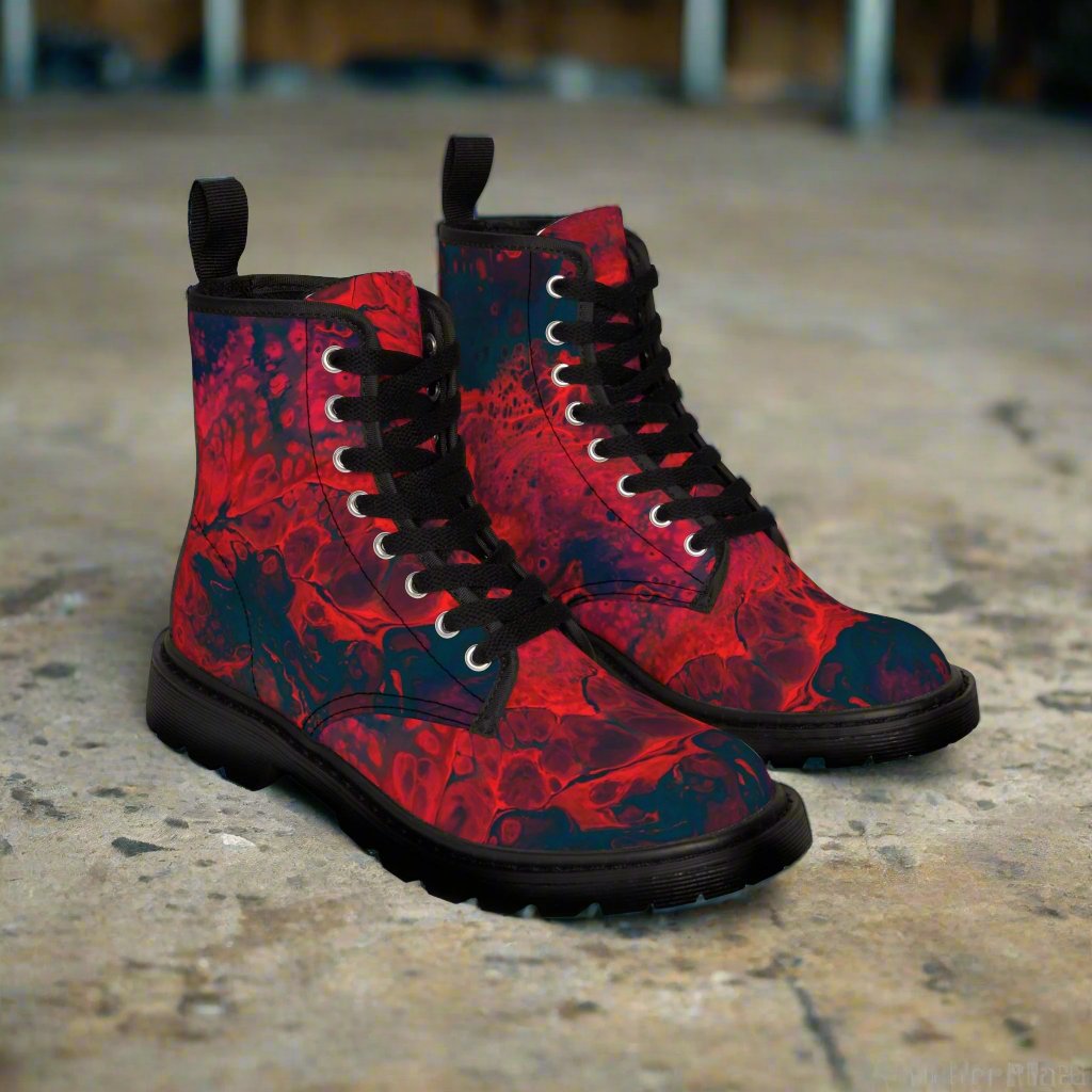 Shoes - Women's Red "Cocteau" Boots - Canvas Boots with Rubber Soul Shoe - Punk Goth Metal from Crypto Zoo Tees